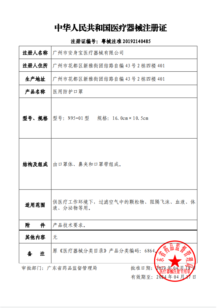  医用防护口罩-医疗器械注册 证0010600120180358[832]